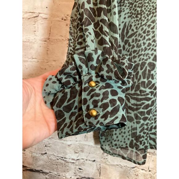 Hoss Intropia Top Womens 38 Medium Teal Green Animal Print Semi Sheer Ruffles - Picture 13 of 13
